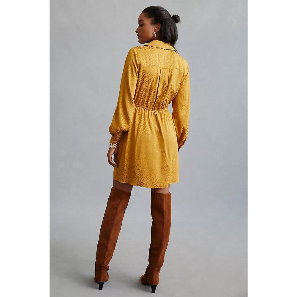Anthropologie Long Sleeve Mini Dress Bronze Leopard Print Faux Wrap Size Small - Picture 7 of 16